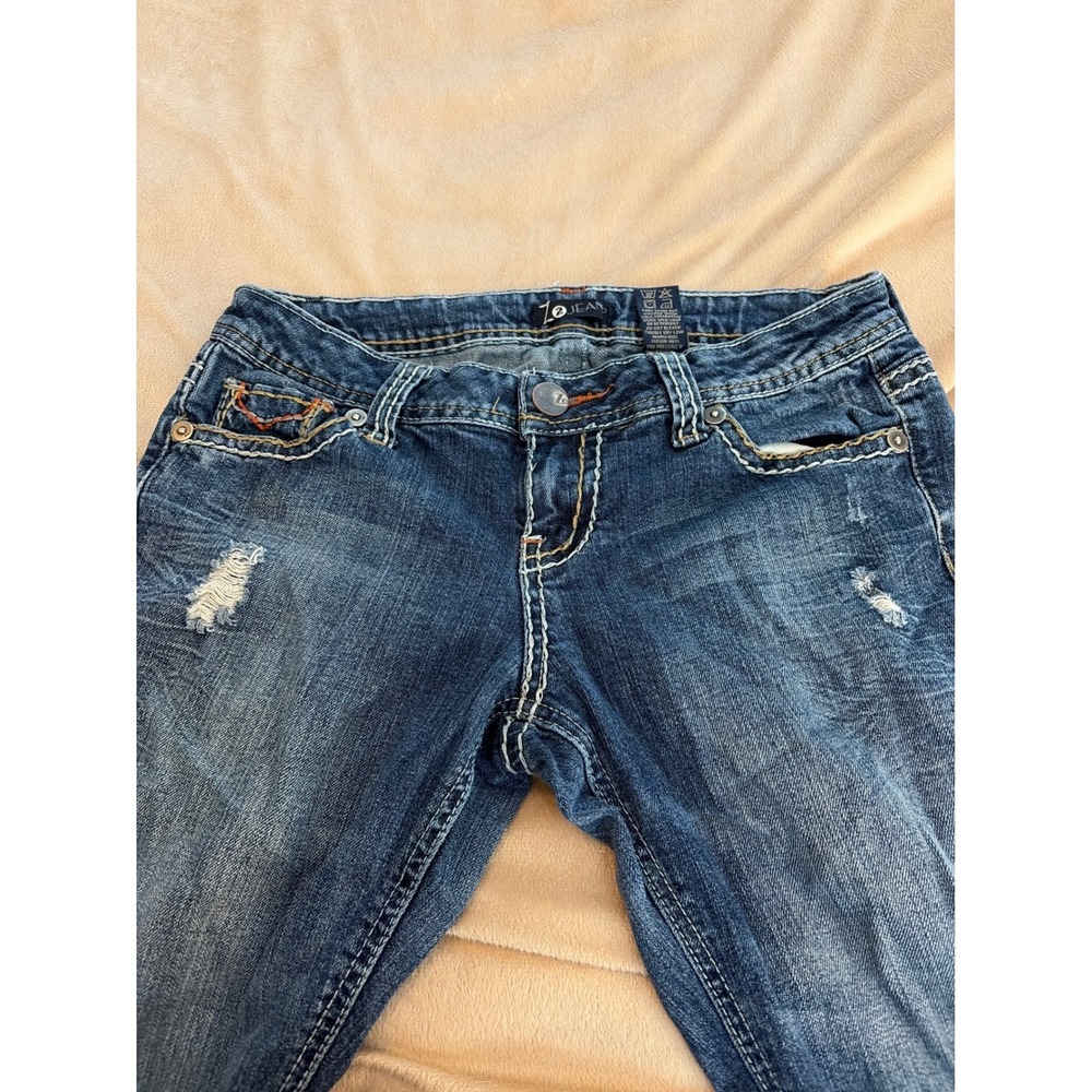 ZCO Z Jeans Womens Distressed Flare Leg Jeans Blue Thick Stitch Embroidered 9